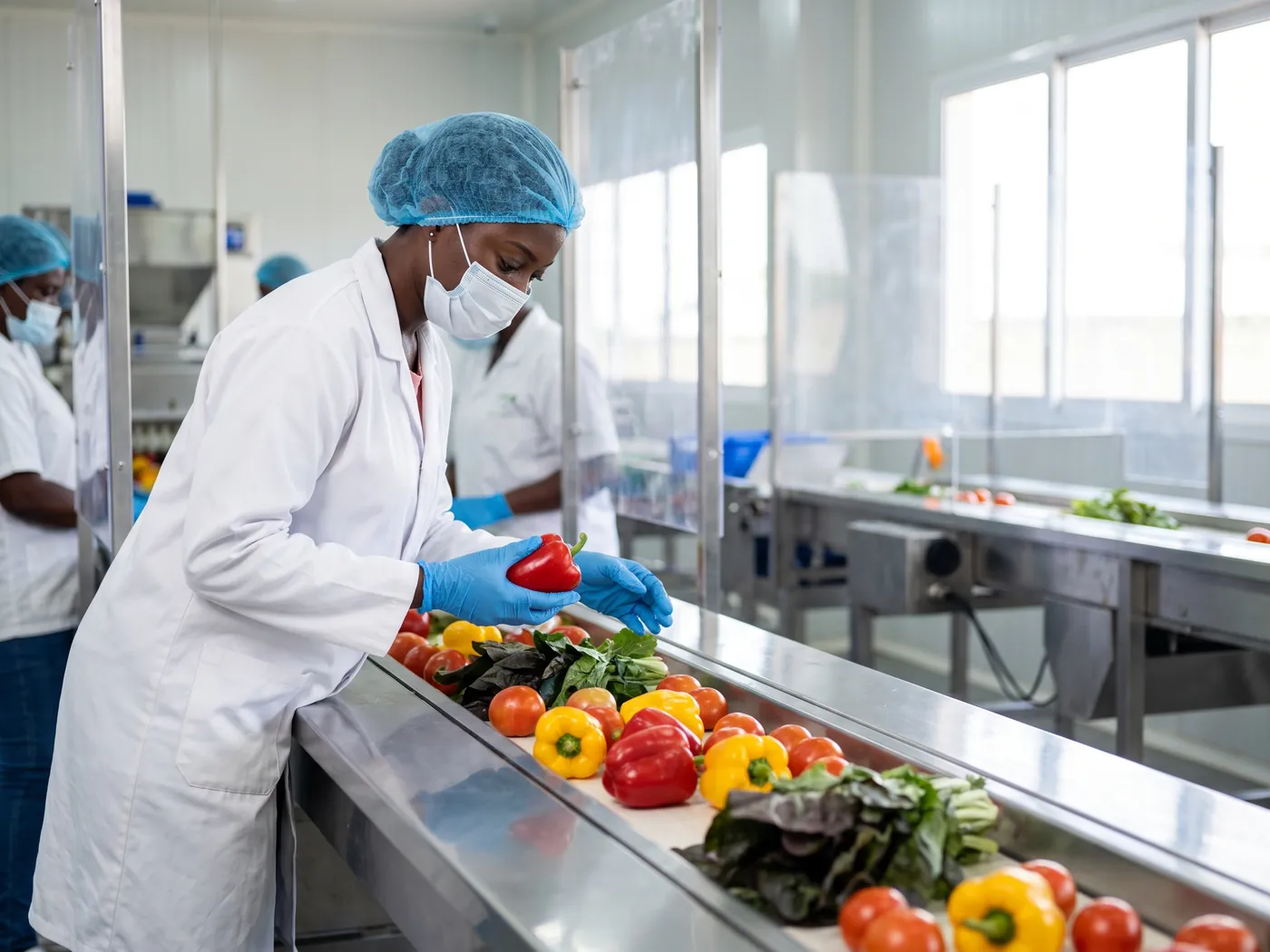 A food technologist inspecting fresh produce on a processing line