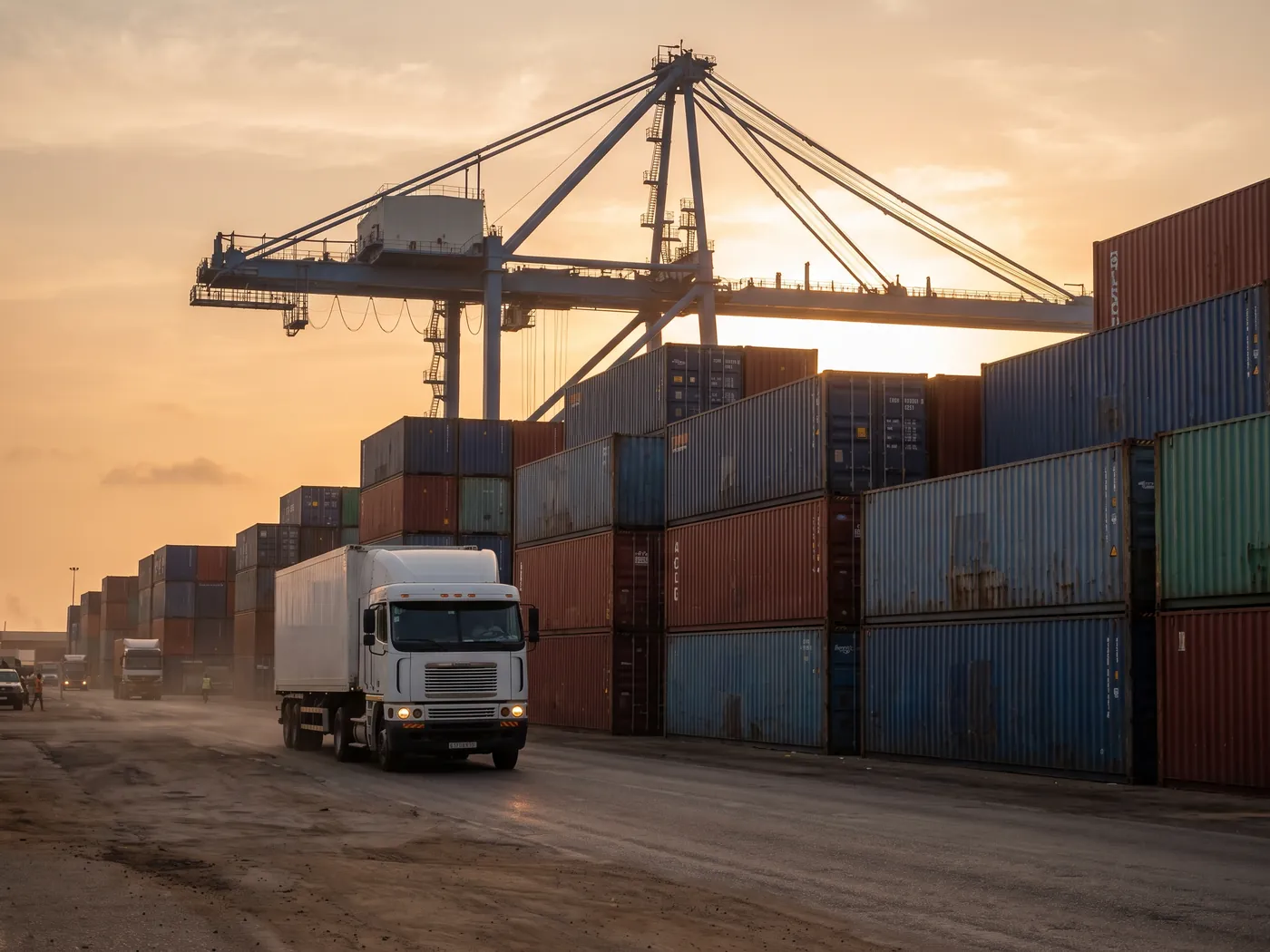 Stacked shipping containers at a port terminal with a crane and haulage truck at sunset