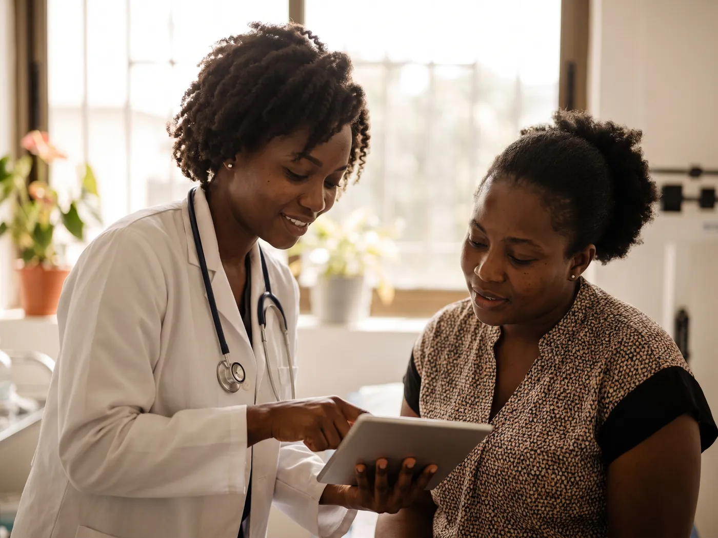 Healthcare professional in a white coat consulting with a patient using a tablet
