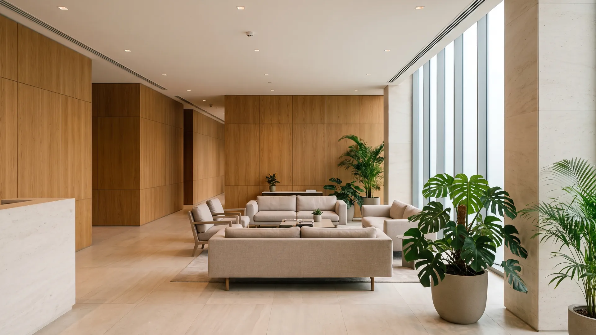 The bright reception and meeting area at an Accra office