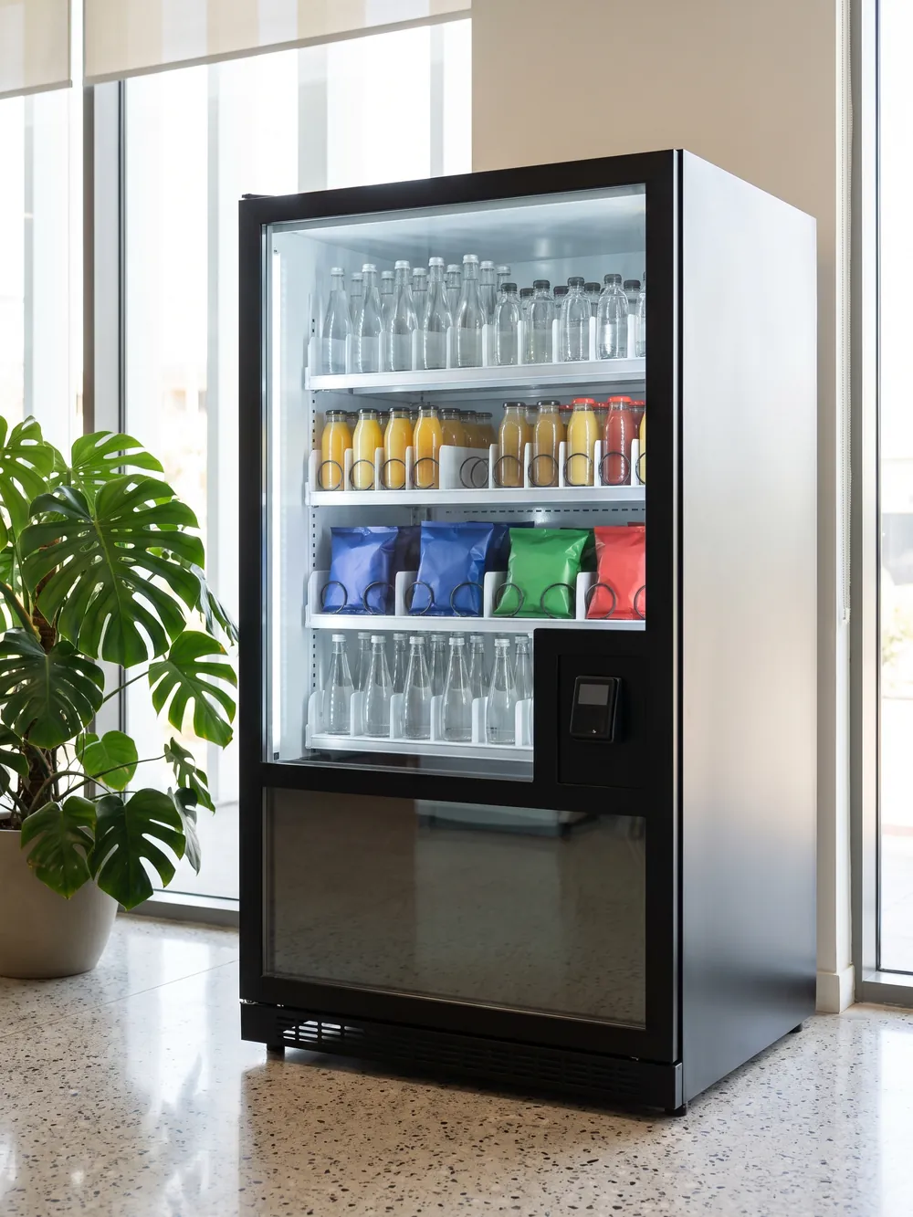 Modern glass-fronted smart vending machine stocked with drinks and snacks in an office